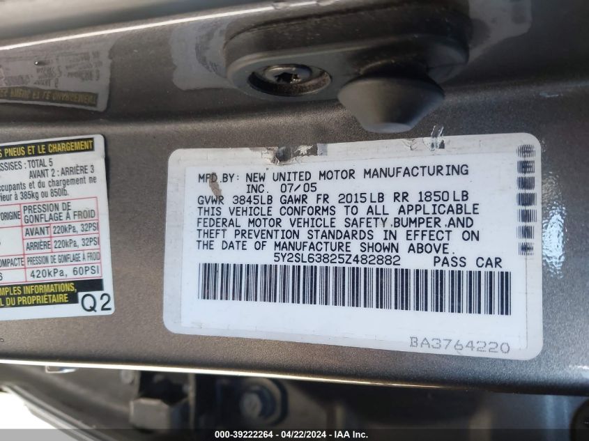 2005 Pontiac Vibe VIN: 5Y2SL63825Z482882 Lot: 39222264