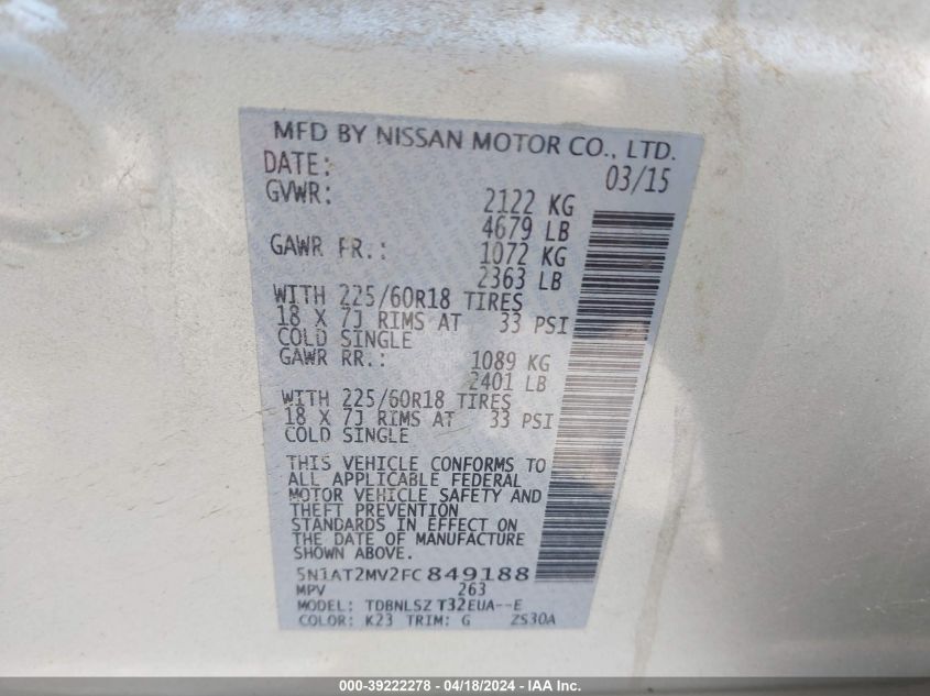 2015 Nissan Rogue Sl VIN: 5N1AT2MV2FC849188 Lot: 39222278