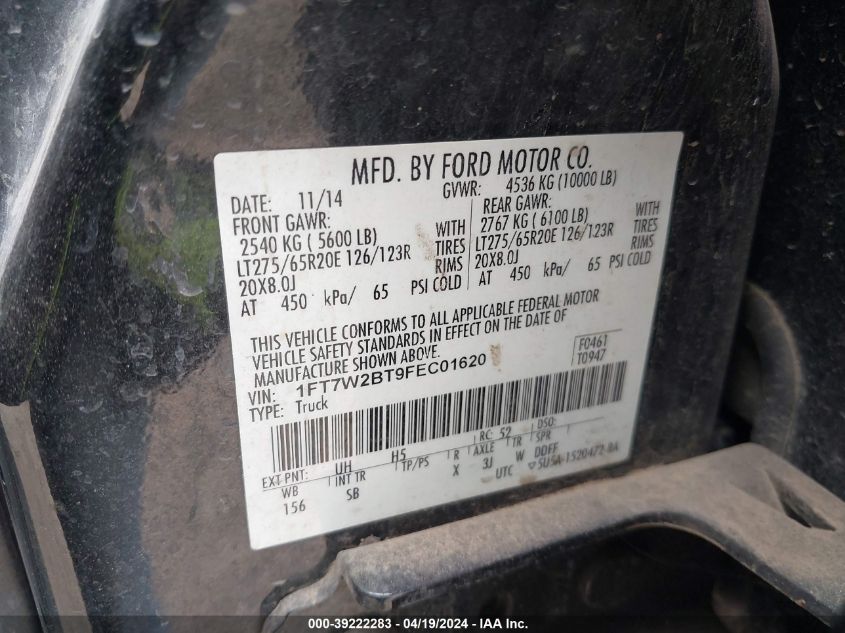 2015 Ford F-250 Lariat VIN: 1FT7W2BT9FEC01620 Lot: 39222283