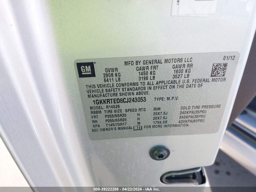 2012 GMC Acadia Denali VIN: 1GKKRTED8CJ243053 Lot: 39222288