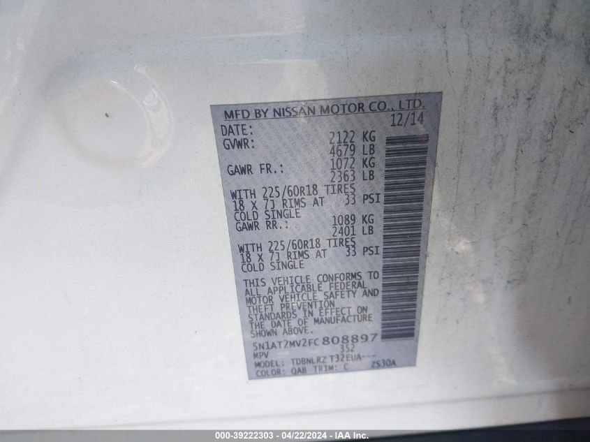 2015 Nissan Rogue Sl VIN: 5N1AT2MV2FC808897 Lot: 39222303