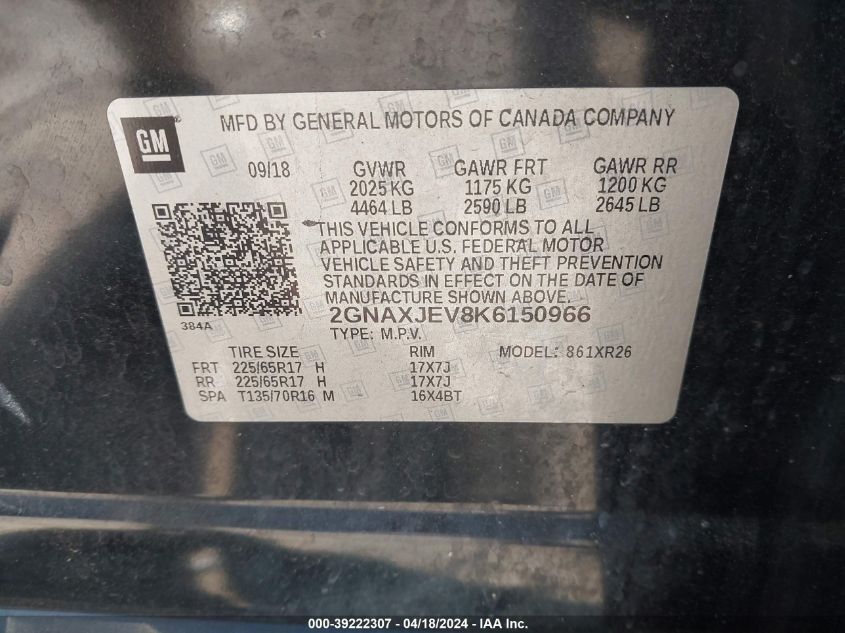 2019 Chevrolet Equinox Lt VIN: 2GNAXJEV8K6150966 Lot: 39222307