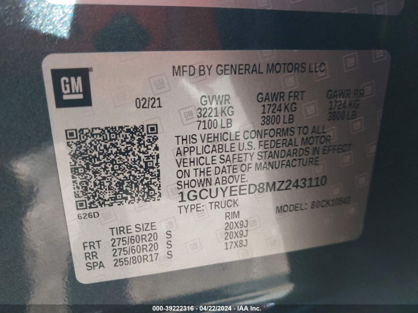 2021 Chevrolet Silverado 1500 4Wd Short Bed Rst VIN: 1GCUYEED8MZ243110 Lot: 39222316