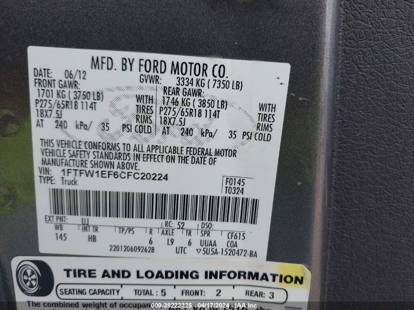 2012 Ford F-150 Lariat VIN: 1FTFW1EF6CFC20224 Lot: 39222325