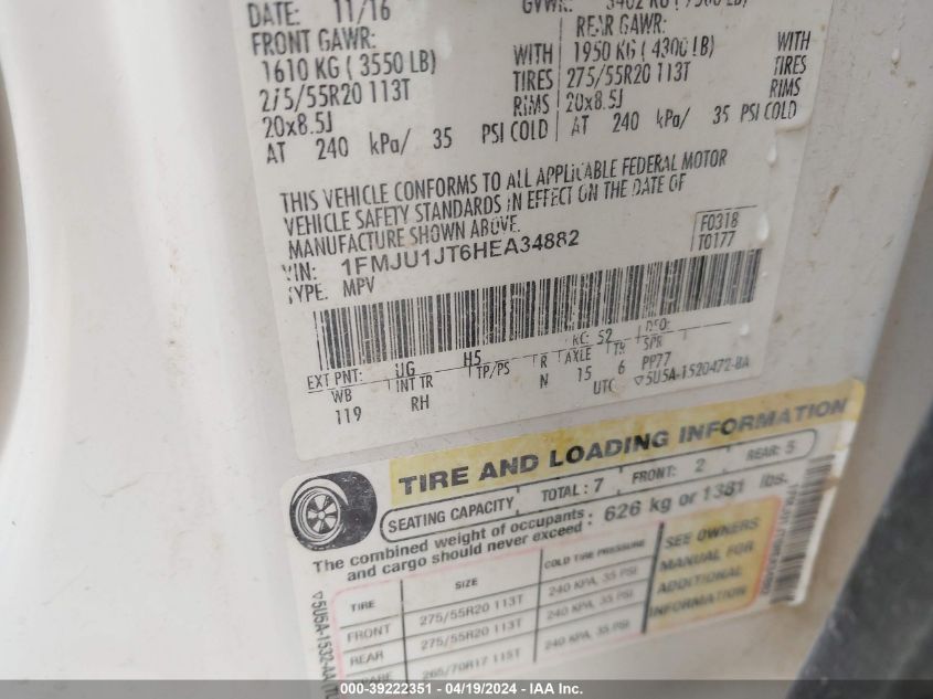 2017 Ford Expedition King Ranch VIN: 1FMJU1JT6HEA34882 Lot: 39222351