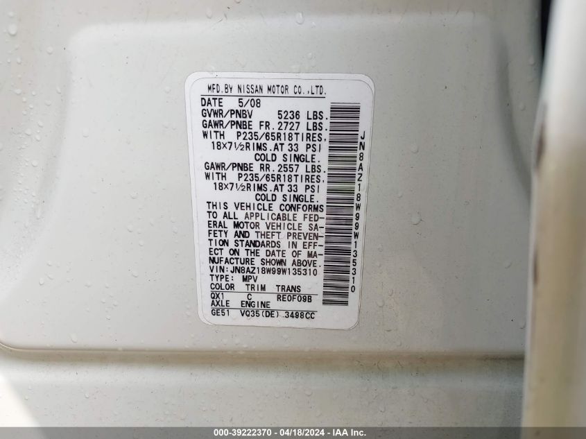 2009 Nissan Murano Sl VIN: JN8AZ18W99W135310 Lot: 39222370
