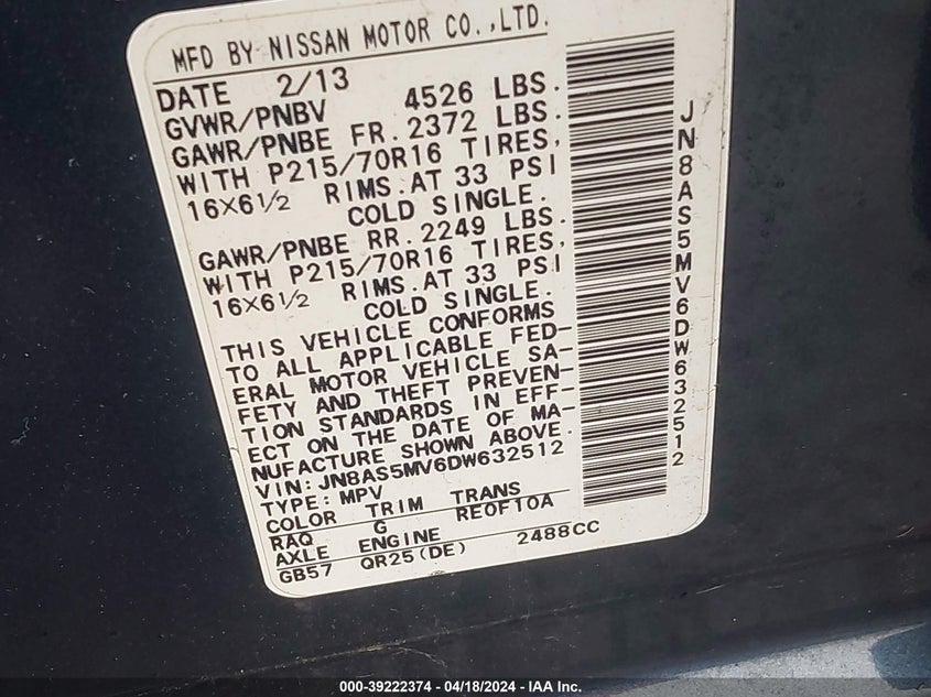 2013 NISSAN ROGUE VIN: JN8AS5MV6DW632512