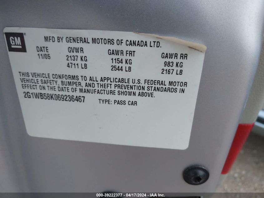 2006 Chevrolet Impala Ls VIN: 2G1WB58K069236467 Lot: 39222377