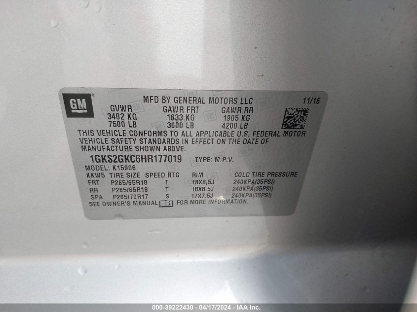 2017 GMC Yukon Xl Slt VIN: 1GKS2GKC6HR177019 Lot: 39222430