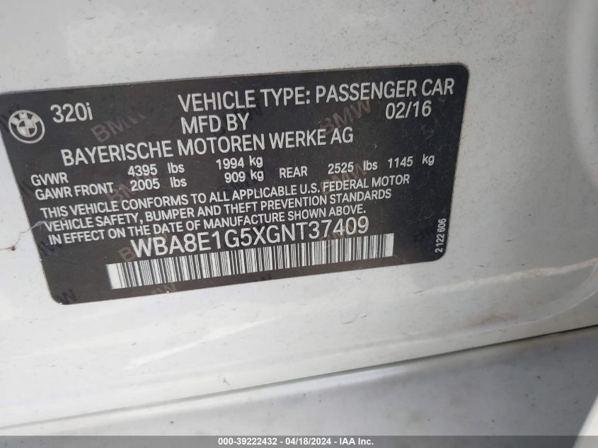 2016 BMW 320I VIN: WBA8E1G5XGNT37409 Lot: 50152684