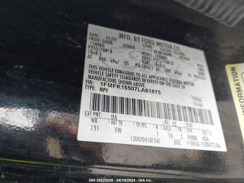 2007 Ford Expedition El Xlt VIN: 1FMFK15507LA81875 Lot: 39222435