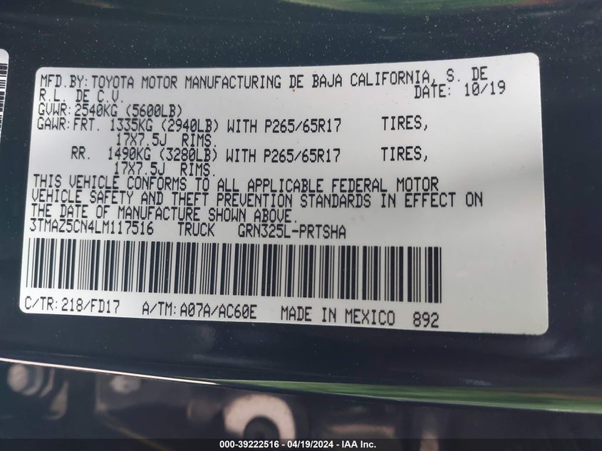 VIN 3TMAZ5CN4LM117516 2020 TOYOTA TACOMA TRD SPORT