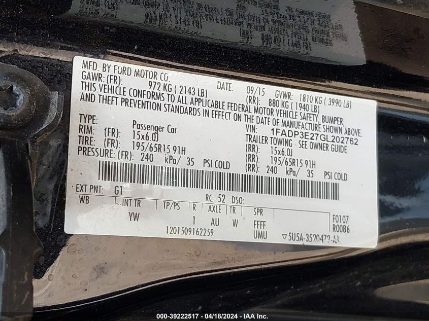 2016 Ford Focus S VIN: 1FADP3E27GL202762 Lot: 39222517