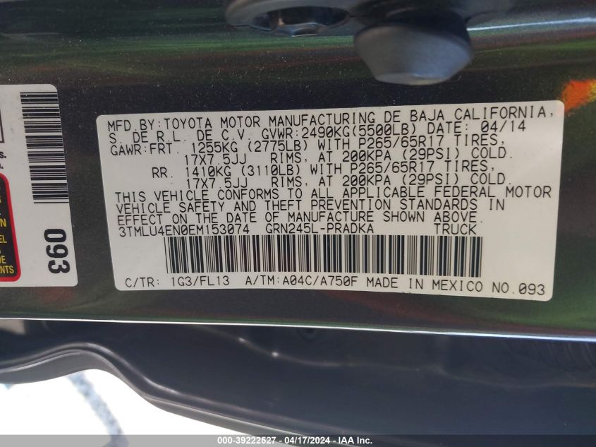 2014 Toyota Tacoma Base V6 VIN: 3TMLU4EN0EM153074 Lot: 39222527