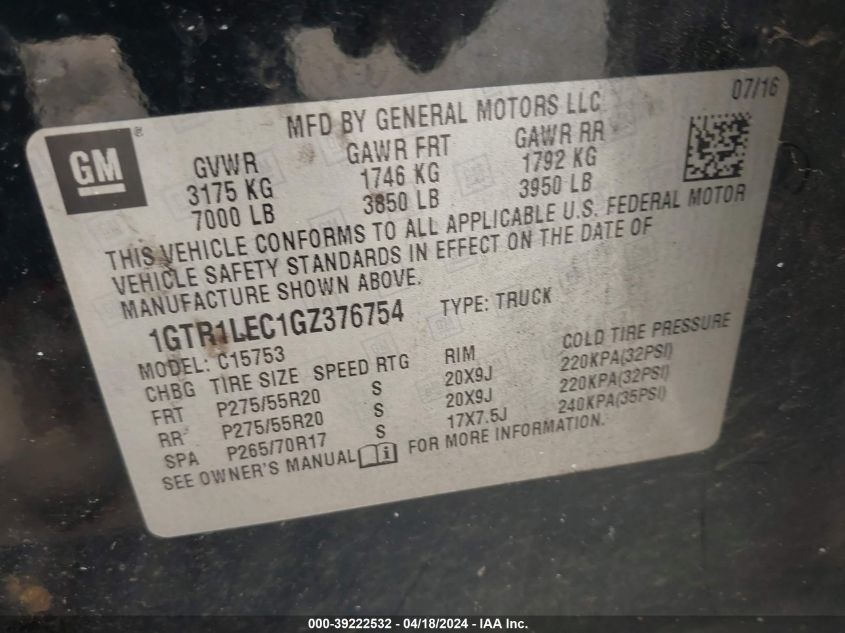 2016 GMC Sierra 1500 VIN: 1GTR1LEC1GZ376754 Lot: 39222532