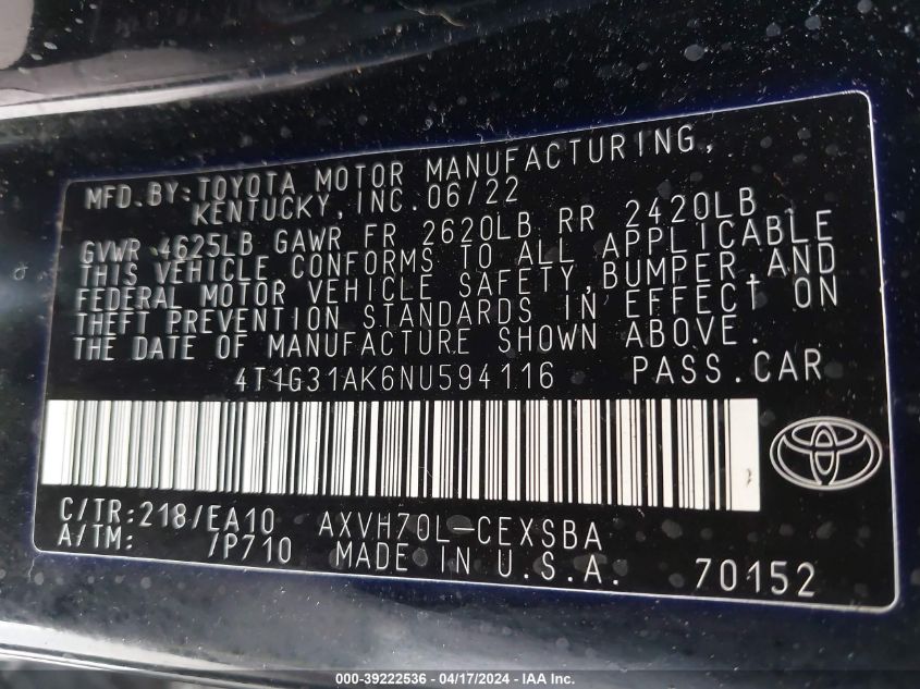 2022 Toyota Camry Se Hybrid VIN: 4T1G31AK6NU594116 Lot: 39222536