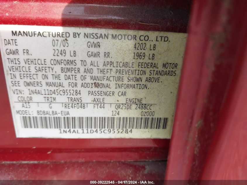 2005 Nissan Altima 2.5 S VIN: 1N4AL11D45C955284 Lot: 39222545