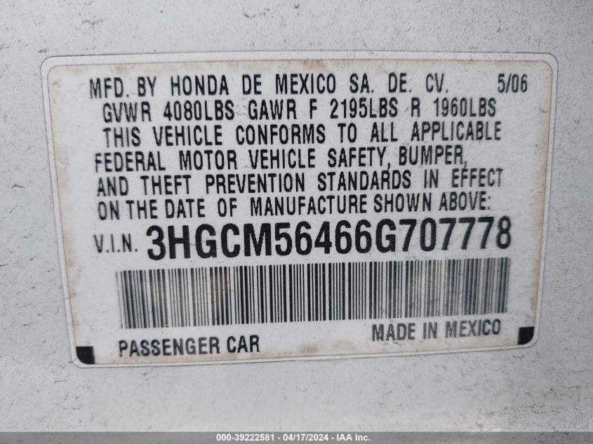 2006 Honda Accord 2.4 Lx VIN: 3HGCM56466G707778 Lot: 39222581