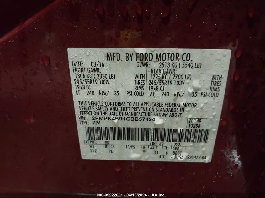 2016 Ford Edge Titanium VIN: 2FMPK4K91GBB57424 Lot: 39222621