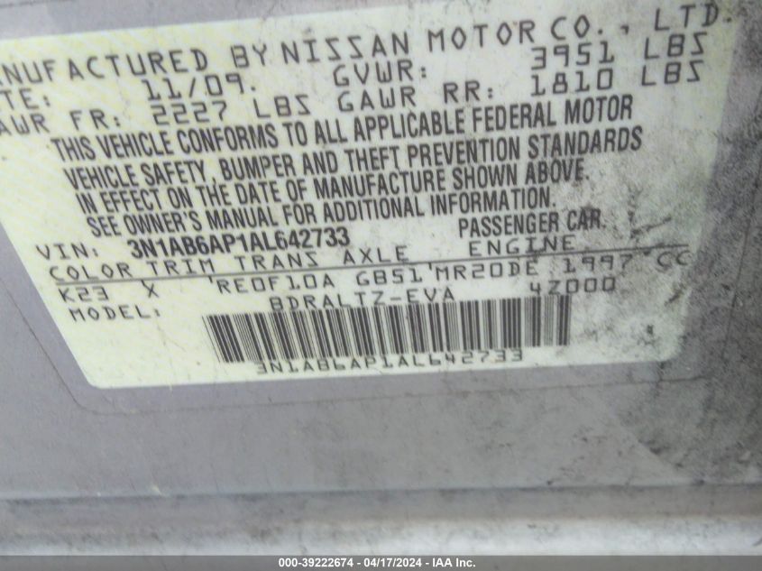 3N1AB6AP1AL642733 | 2010 NISSAN SENTRA