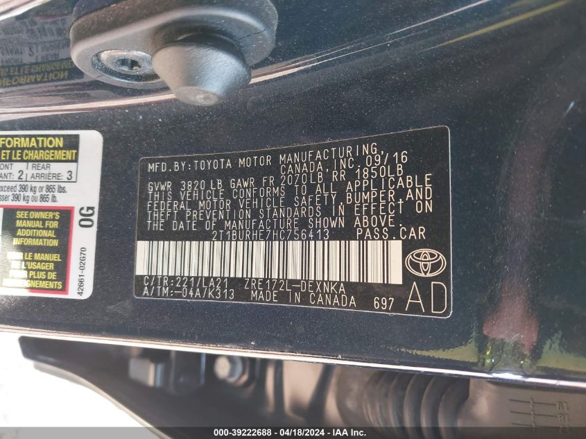 2017 Toyota Corolla Xle VIN: 2T1BURHE7HC756413 Lot: 39222688