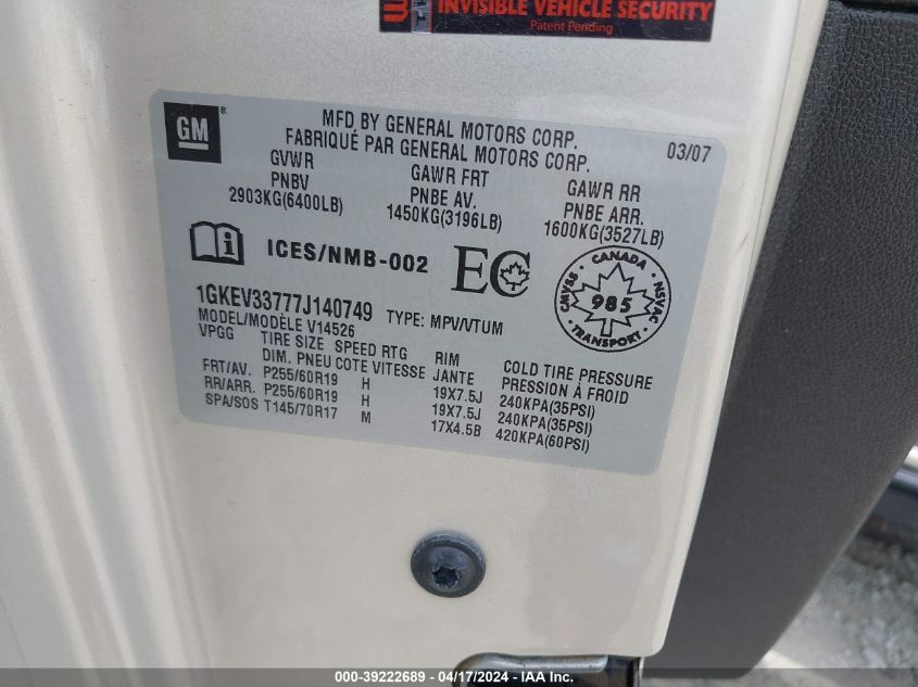 2007 GMC Acadia Slt-1 VIN: 1GKEV33777J140749 Lot: 48673694