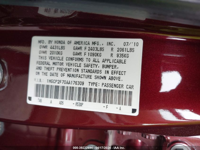 2010 Honda Accord 2.4 Ex VIN: 1HGCP2F70AA176309 Lot: 20153585