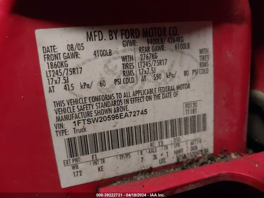 2006 Ford F-250 Lariat/Xl/Xlt VIN: 1FTSW20596EA72745 Lot: 49758264