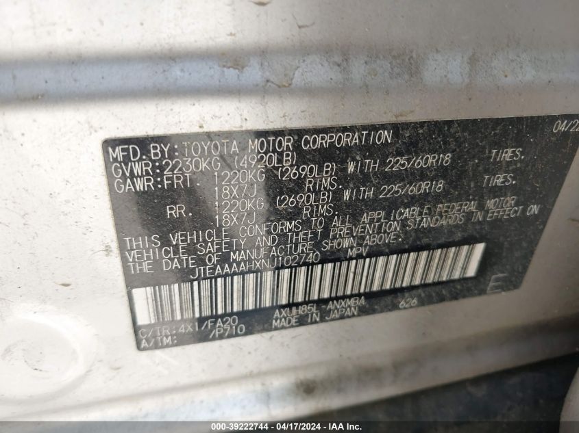 2022 Toyota Venza Le VIN: JTEAAAAHXNJ102740 Lot: 39228660