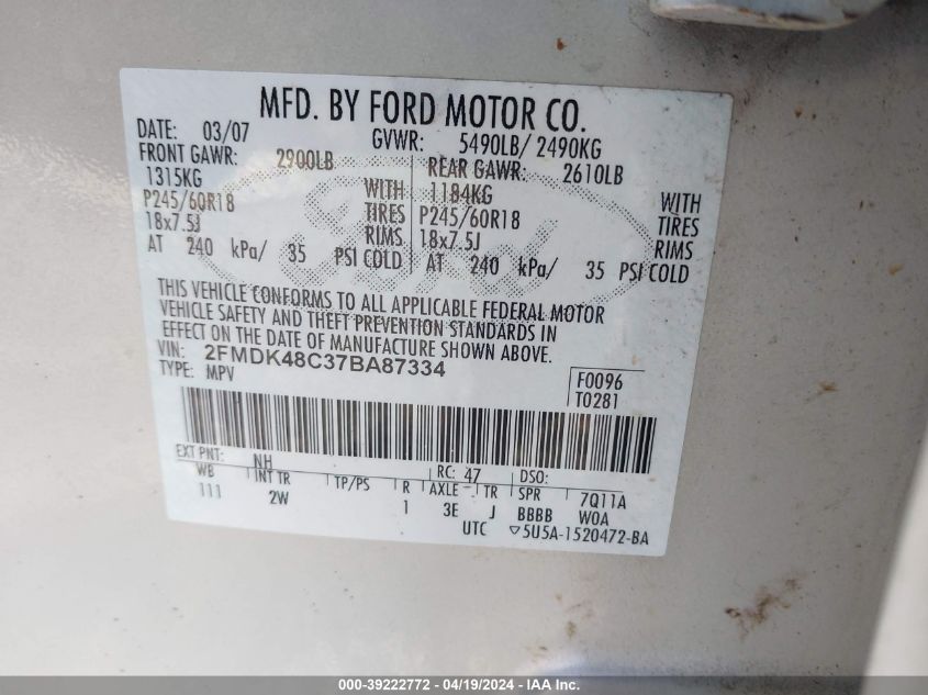 2007 Ford Edge Sel VIN: 2FMDK48C37DA87334 Lot: 39222772