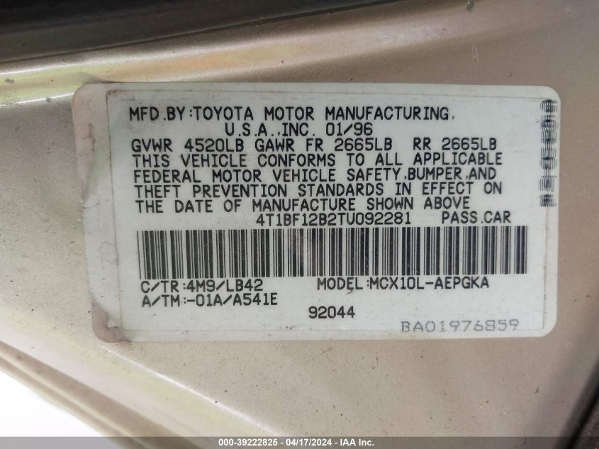 1996 Toyota Avalon Xl/Xls VIN: 4T1BF12B2TU092281 Lot: 20154592