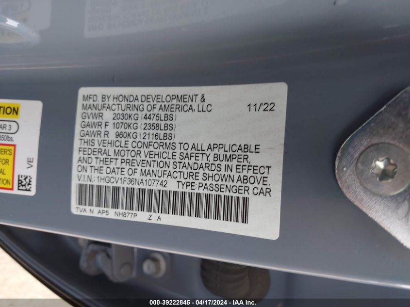 2022 Honda Accord Sport VIN: 1HGCV1F36NA107742 Lot: 48536324