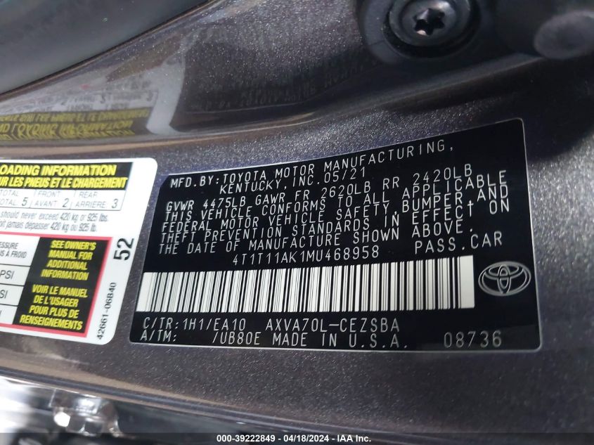 2021 Toyota Camry Se VIN: 4T1T11AK1MU468958 Lot: 49584424