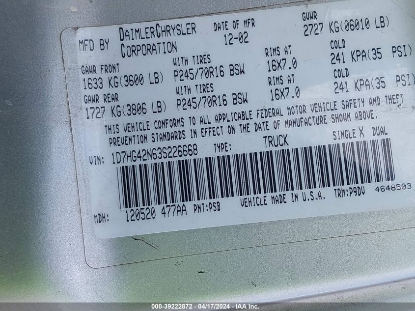 2003 Dodge Dakota Slt VIN: 1D7HG42N63S226668 Lot: 20149997