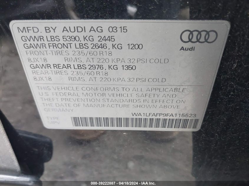 2015 Audi Q5 2.0T Premium VIN: WA1LFAFP9FA115523 Lot: 48689434