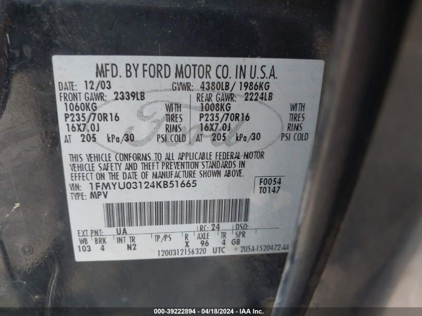 2004 Ford Escape Xlt VIN: 1FMYU03124KB51665 Lot: 39222894