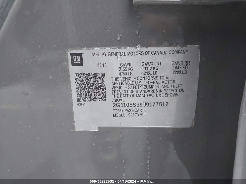 2018 Chevrolet Impala 1Lt VIN: 2G1105S39J9177512 Lot: 39222895
