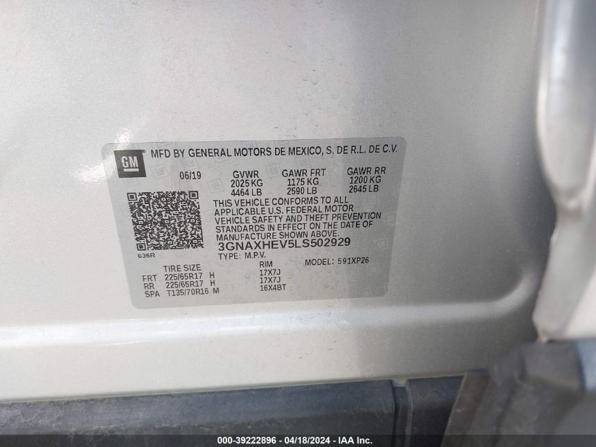 2020 Chevrolet Equinox Fwd Ls VIN: 3GNAXHEV5LS502929 Lot: 39222896