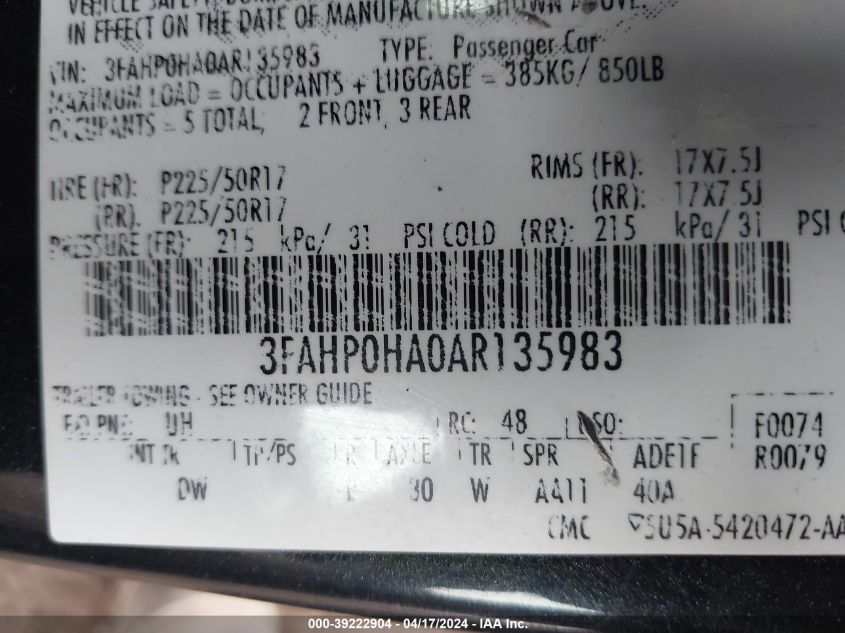 2010 Ford Fusion Se VIN: 3FAHP0HA0AR135983 Lot: 48685374