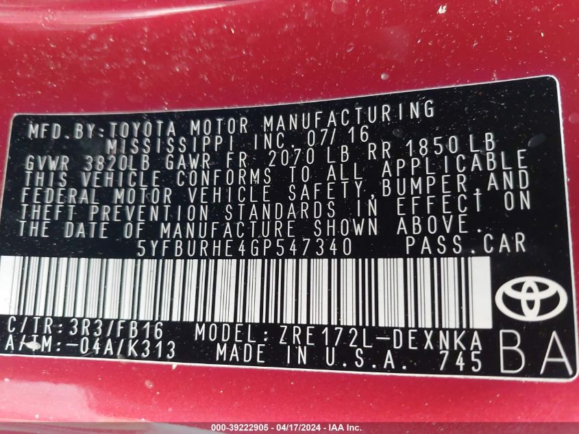 2016 Toyota Corolla Le Plus VIN: 5YFBURHE4GP547340 Lot: 39222905