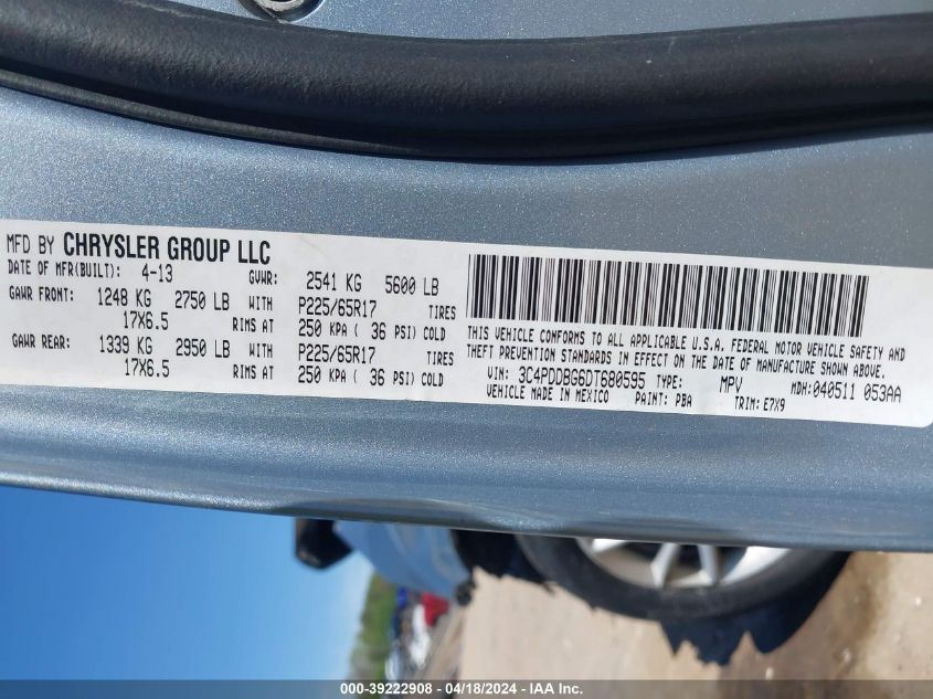 2013 Dodge Journey Sxt VIN: 3C4PDDBG6DT680595 Lot: 39222908