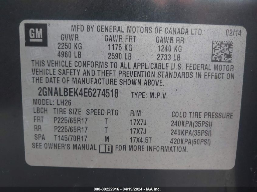 2014 Chevrolet Equinox 1Lt VIN: 2GNALBEK4E6274518 Lot: 39222916