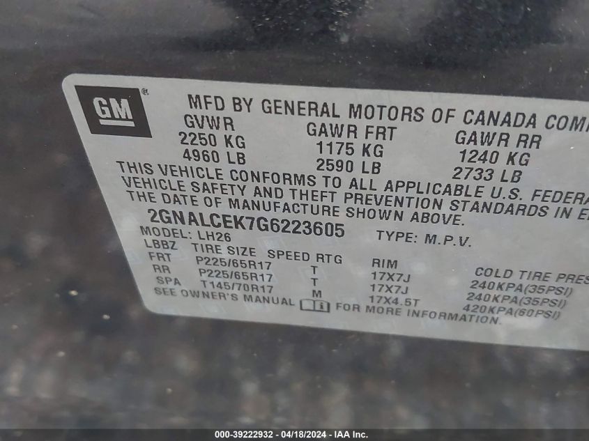 2016 Chevrolet Equinox Lt VIN: 2GNALCEK7G6223605 Lot: 39222932