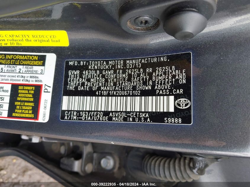 2013 Toyota Camry Se VIN: 4T1BF1FK2DU670102 Lot: 39222935