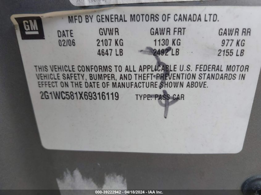 2006 Chevrolet Impala Lt VIN: 2G1WC581X69316119 Lot: 39222942