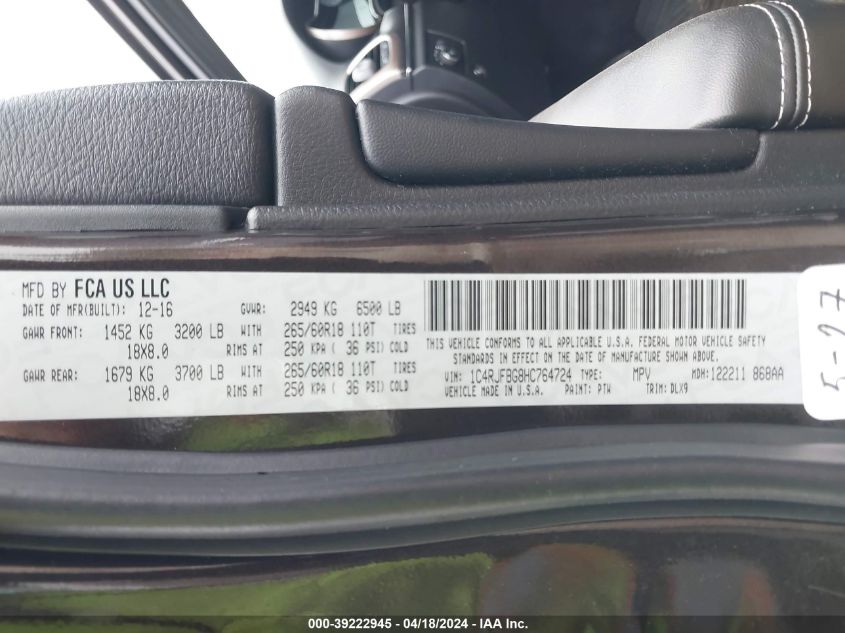 2017 Jeep Grand Cherokee Limited 4X4 VIN: 1C4RJFBG8HC764724 Lot: 39222945
