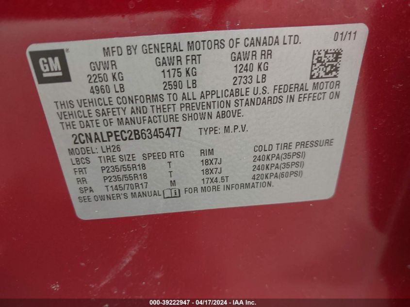 2011 Chevrolet Equinox 2Lt VIN: 2CNALPEC2B6345477 Lot: 39222947