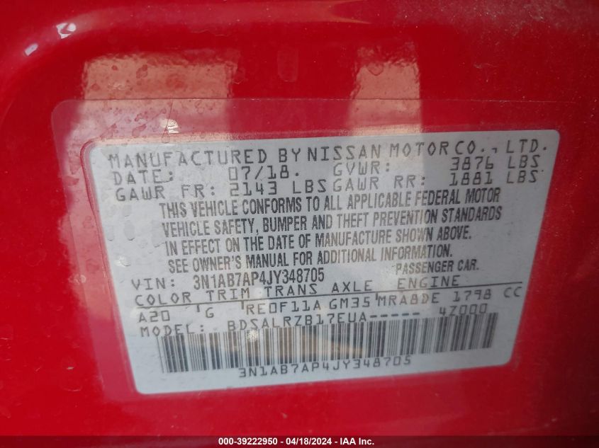 2018 Nissan Sentra Sr VIN: 3N1AB7AP4JY348705 Lot: 39222950