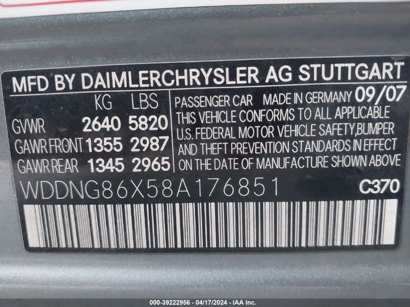 2008 Mercedes-Benz S 550 4Matic VIN: WDDNG86X58A176851 Lot: 39222956