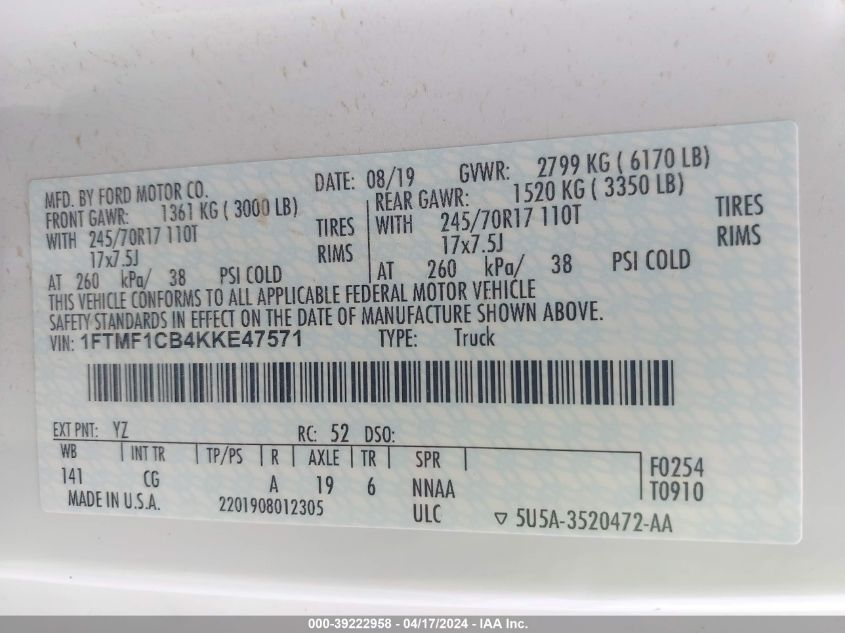 2019 Ford F-150 Xl VIN: 1FTMF1CB4KKE47571 Lot: 11983590